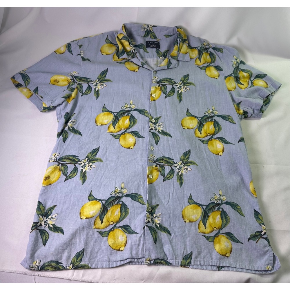 Primark Lemon Fruit Print Short Sleeve Shirt Blue Linen Blend Resort‎ Summer 2XL